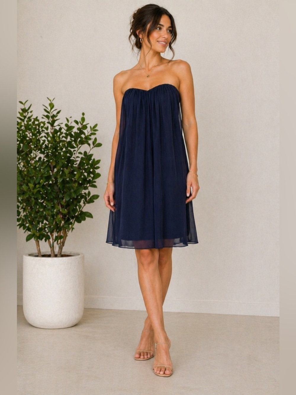 Alice + Olivia Stacey Bendet AIR Strapless Navy Chiffon Midi Dress Size Large